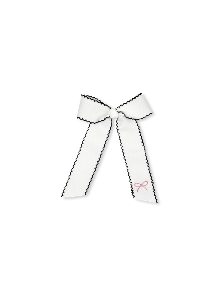 Lola Long Bow - White with Navy Picot