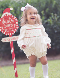 Clara Bubble Long Sleeve - Dreamy White Corduroy, Red and Green Smocking