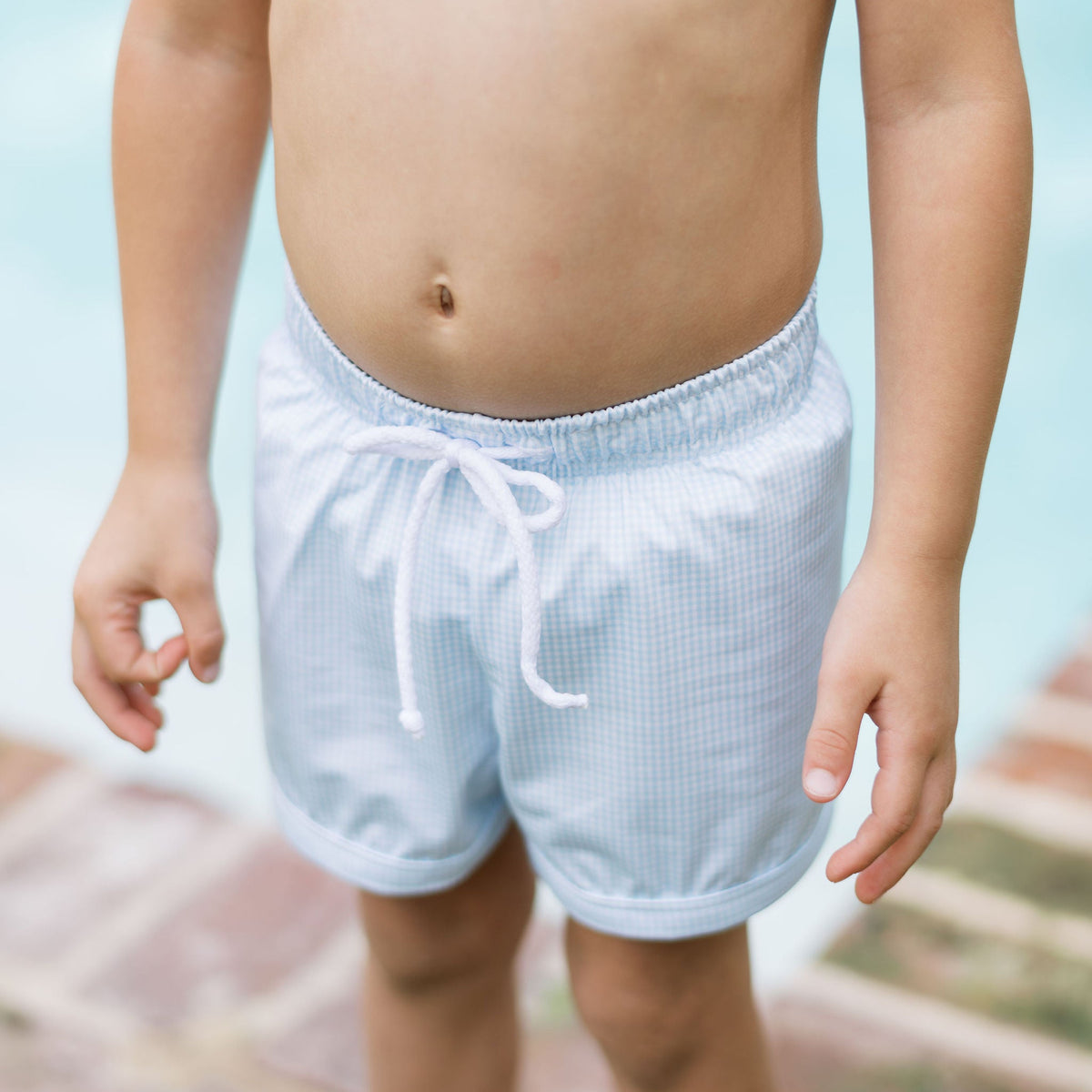 Barnes Bathing Suit - Baby Blue Minigingham, Legacy White