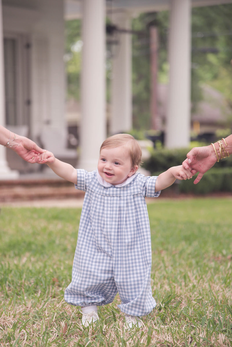 Precious Pleated Romper - Stone Blue Check