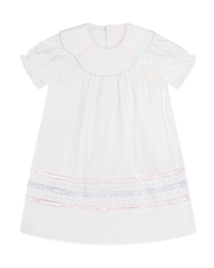 Donahue Dress - Blessings White Batiste, Blue, Pink Ribbon
