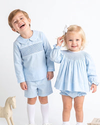 Liam Short Set - Birmingham Blue Pique, Smocking - Classic Sets | Lullaby Set