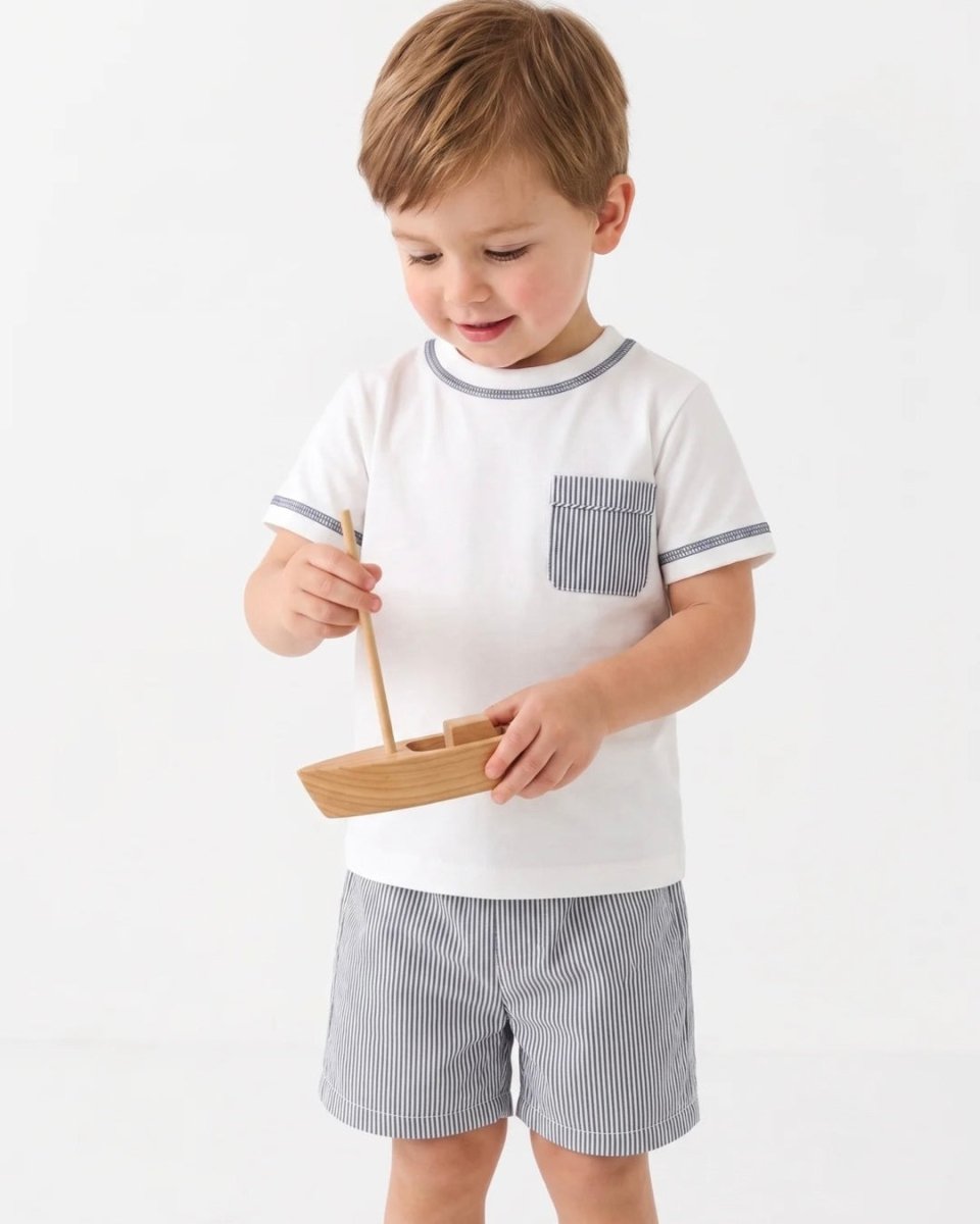Charlie Short Set - Legacy White, Northshore Navy Seersucker - Classic Sets | Lullaby Set