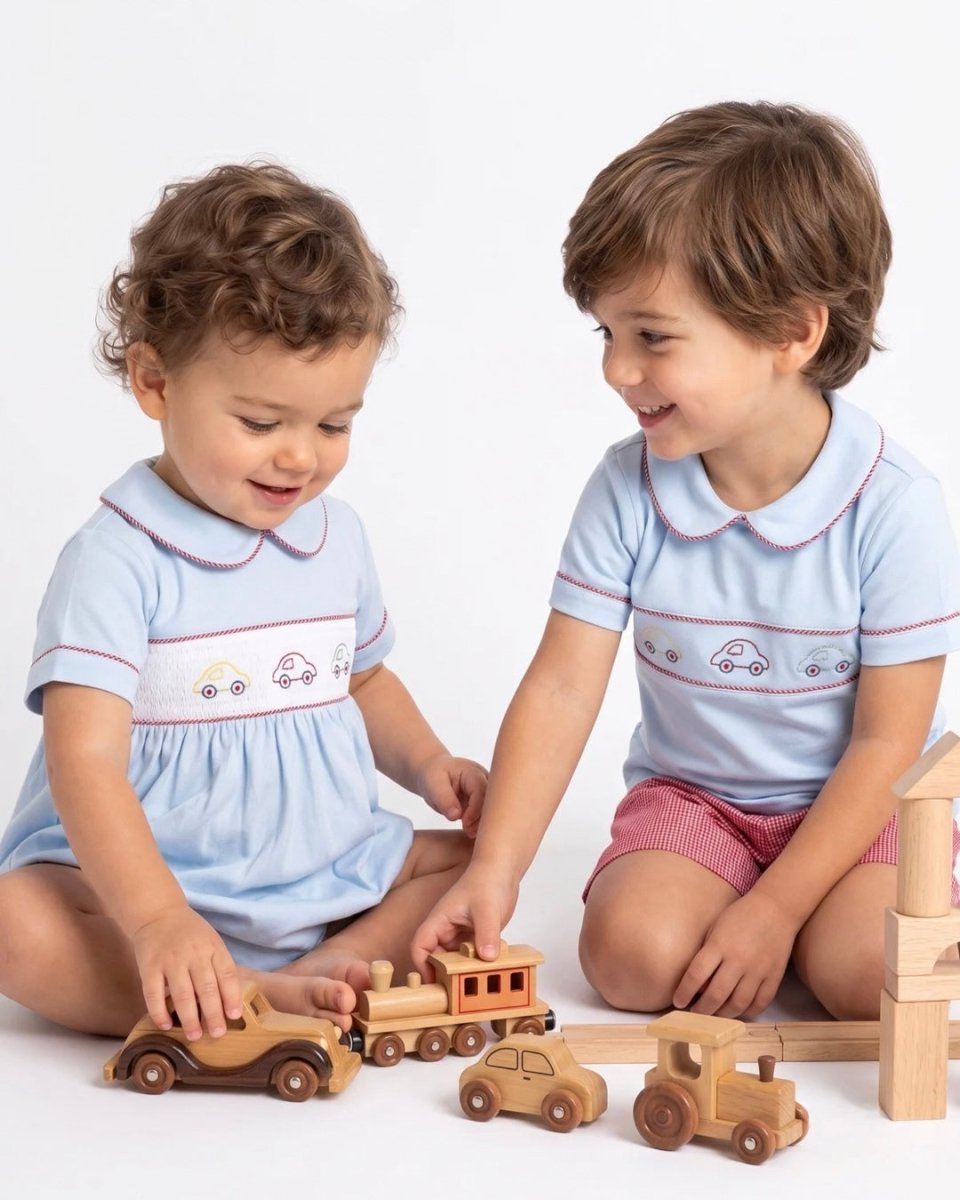 Carson Short Set - Bluffton Blue, Raleigh Red Minigingham, Cars - Classic Sets | Lullaby Set
