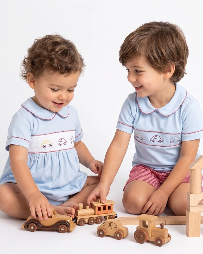 Carson Short Set - Bluffton Blue, Raleigh Red Minigingham, Cars