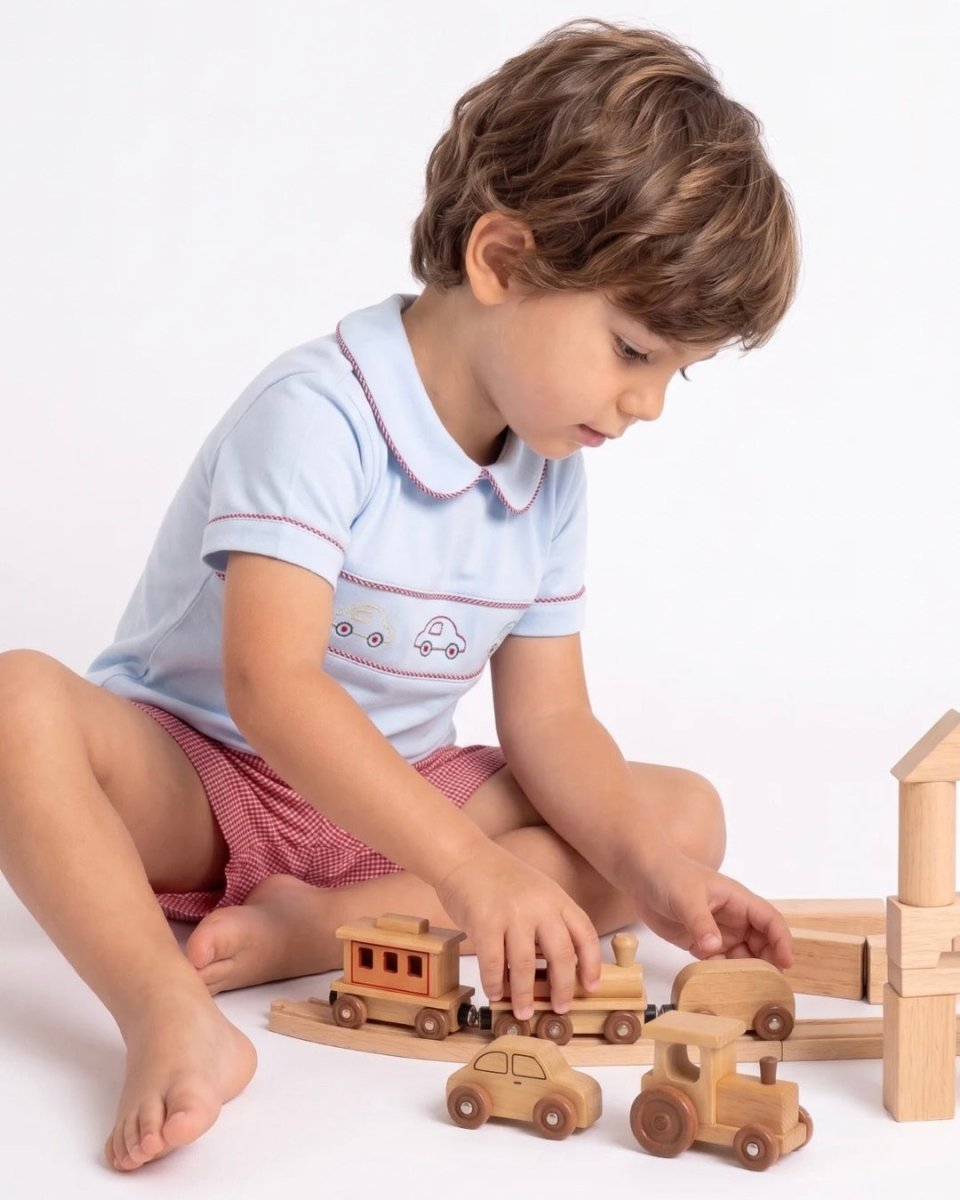 Carson Short Set - Bluffton Blue, Raleigh Red Minigingham, Cars - Classic Sets | Lullaby Set
