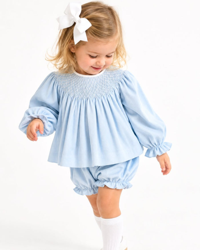 Betsy Bloomer Set Long Sleeve- Birmingham Blue Pique, Smocking - Classic Sets | Lullaby Set