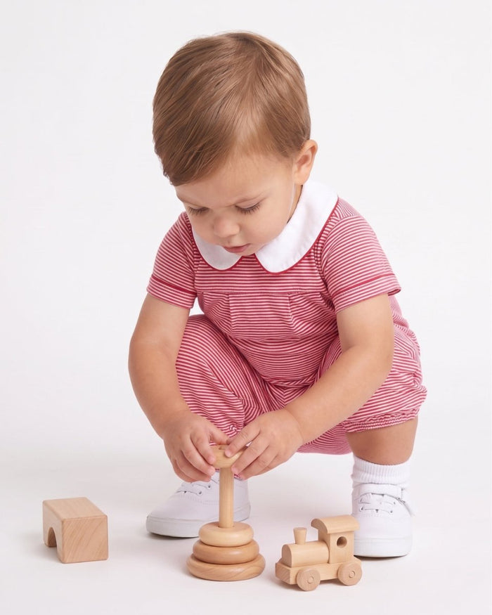 Precious Pleated Romper - Raleigh Red Ministripe - Classic Rompers | Lullaby Set