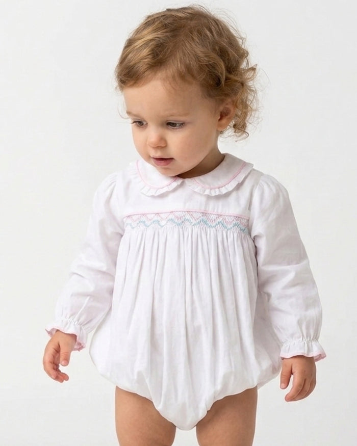 Michelle Bubble - Willow White Pique, Pink and Blue Smocking