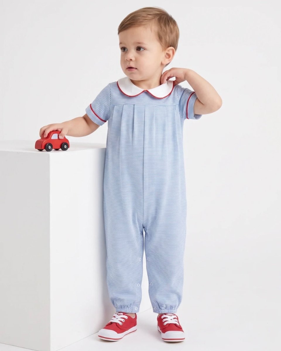 Precious Pleated Romper - Seaside Blue Ministripe - Classic Rompers | Lullaby Set