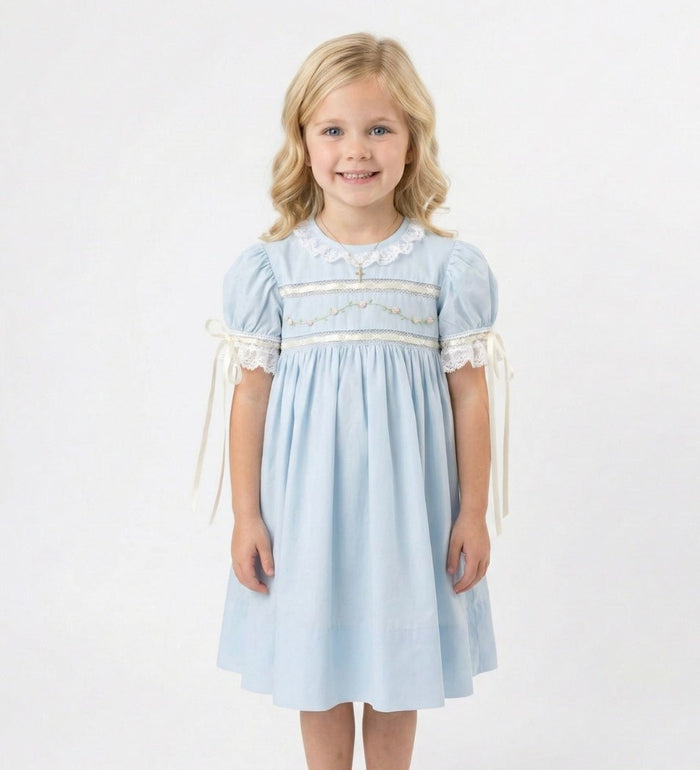 Tiny Town Dress - Blessings Blue Batiste, Floral Embroidery - Classic Dresses | Lullaby Set