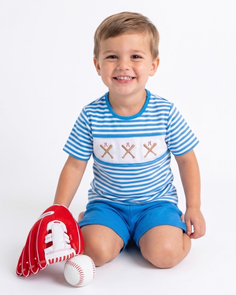 Bayou Short Set - Party Blue Stripe, Baseball - Classic Sets | Lullaby Set