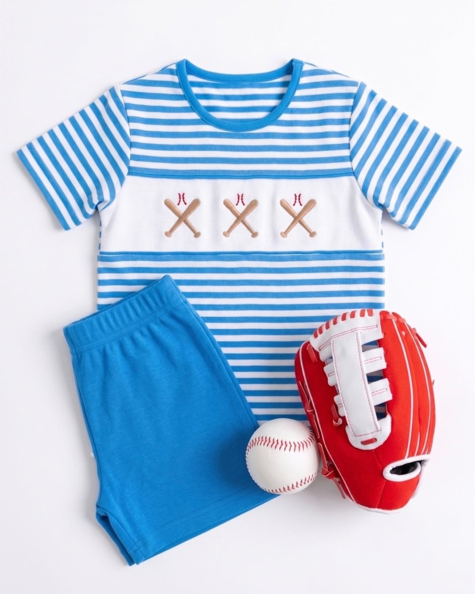 Bayou Short Set - Party Blue Stripe, Baseball - Classic Sets | Lullaby Set