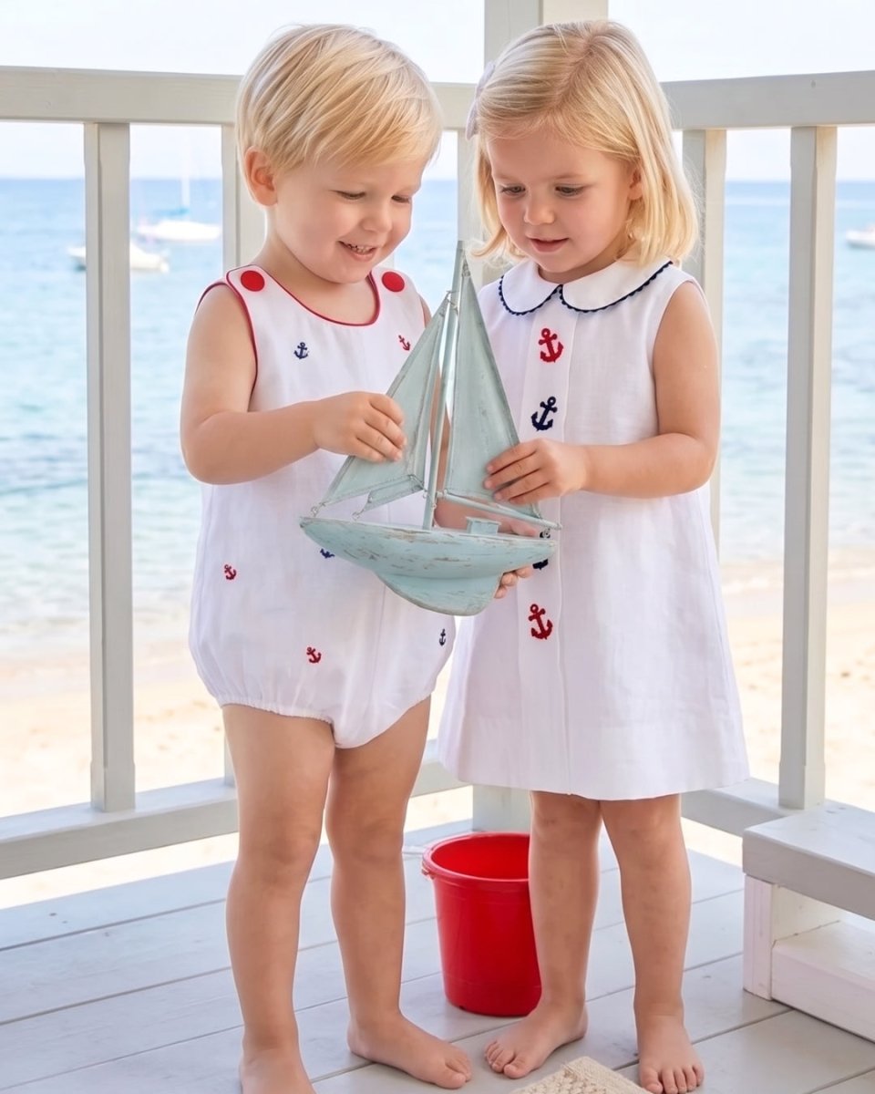 Bluebonnet Dress - Simply White Seersucker, Anchors - Classic Dresses | Lullaby Set
