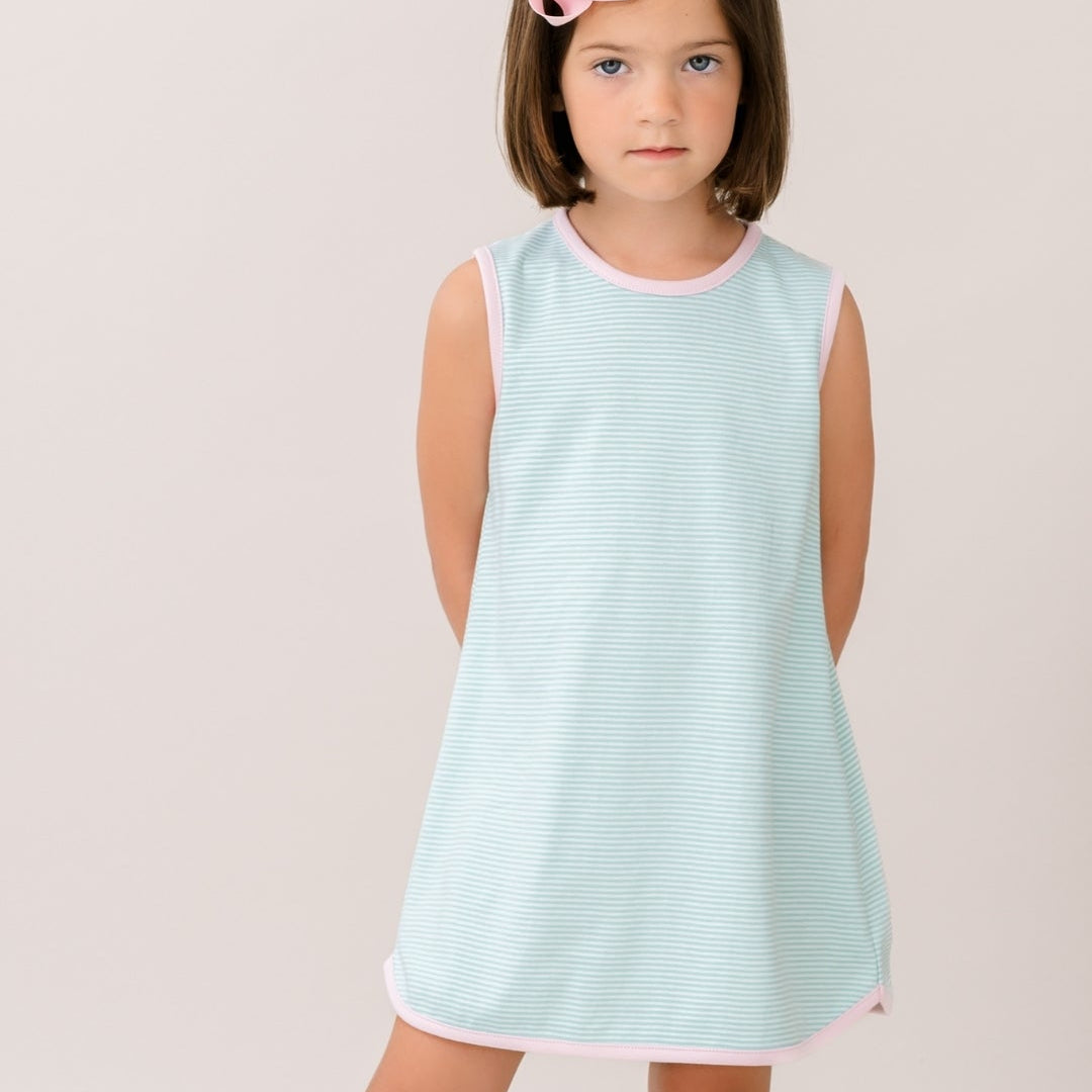 Tinsley Dress - Memphis Aqua Ministripe, Sumter Pink