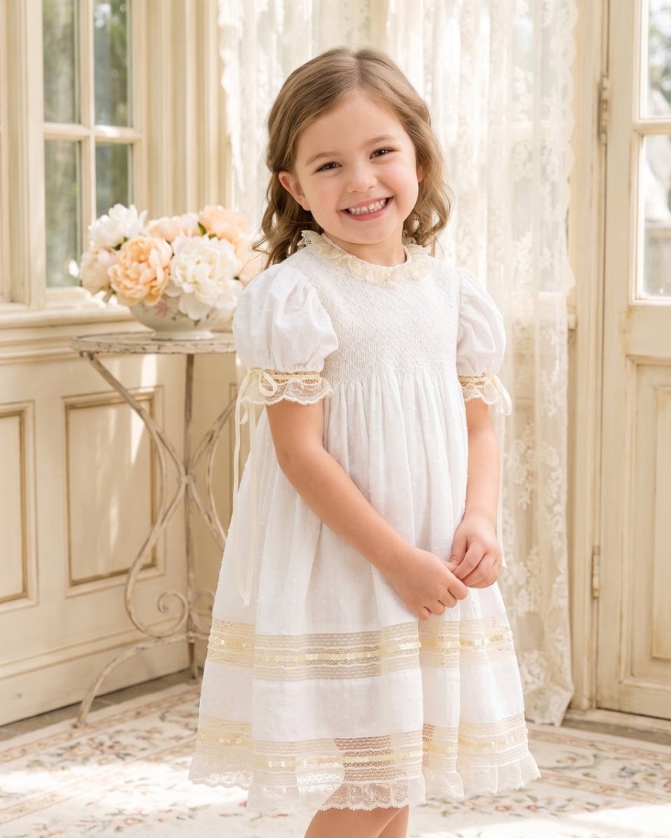 Margaret Dress - Spring White Swiss Dot with Ecru - Classic Dresses | Lullaby Set
