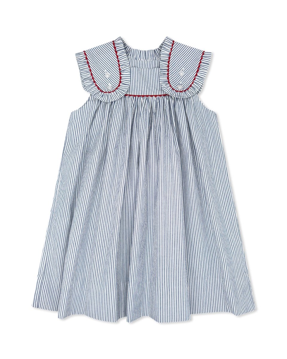 Frances Flap Dress - River Royal Seersucker with Red Ric Rac - Classic Dresses | Lullaby Set
