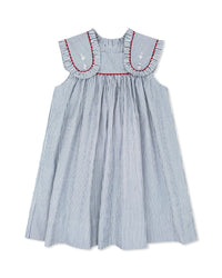 Frances Flap Dress - River Royal Seersucker with Red Ric Rac - Classic Dresses | Lullaby Set