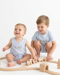 Preston Short Set - Train Embroidery, Simply Blue Seersucker - Classic Sets | Lullaby Set
