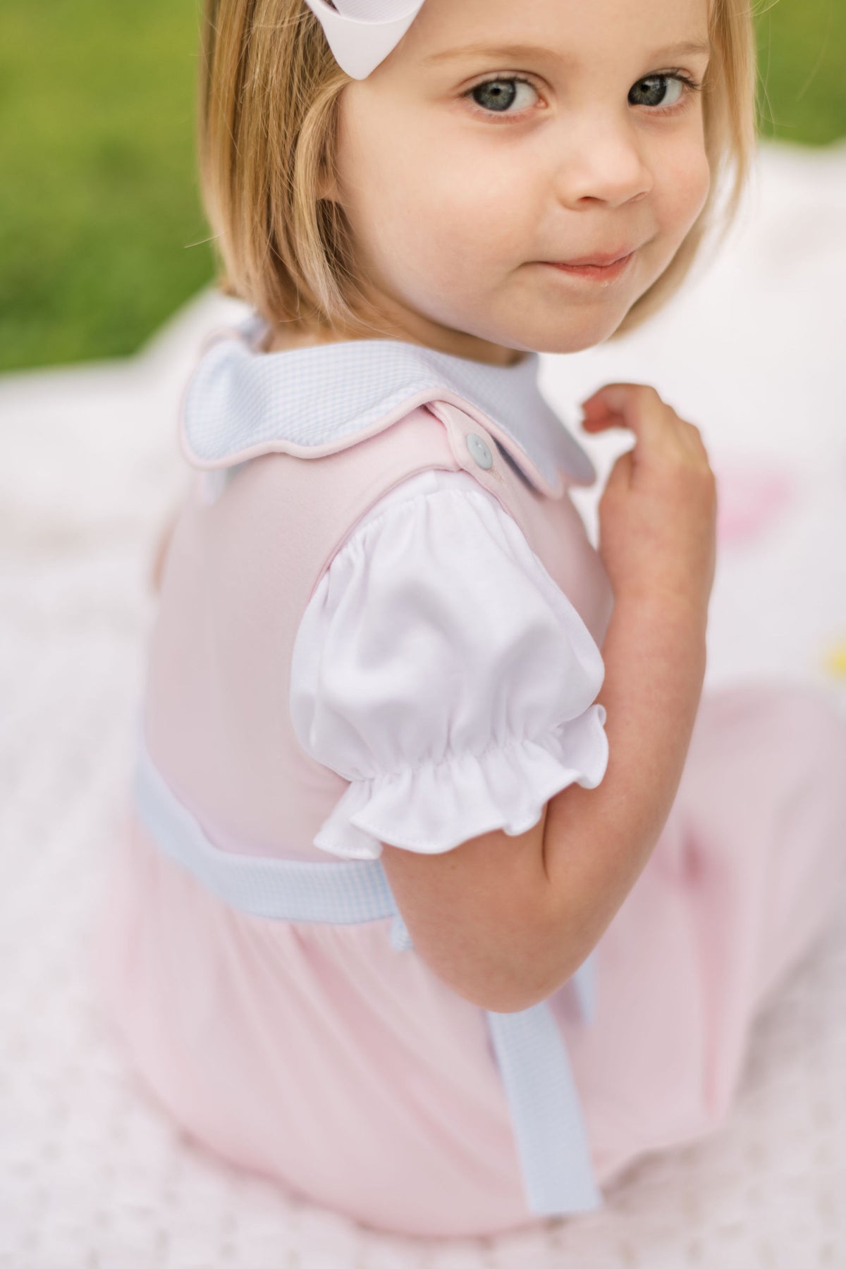 Scarlett Scallop Blouse - Blue Mini Gingham