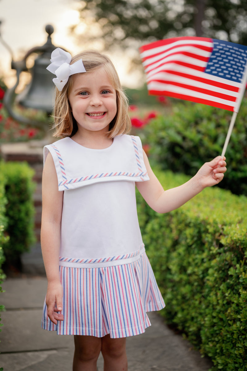 Hadley Dress - White, Patriotic Pinstripe