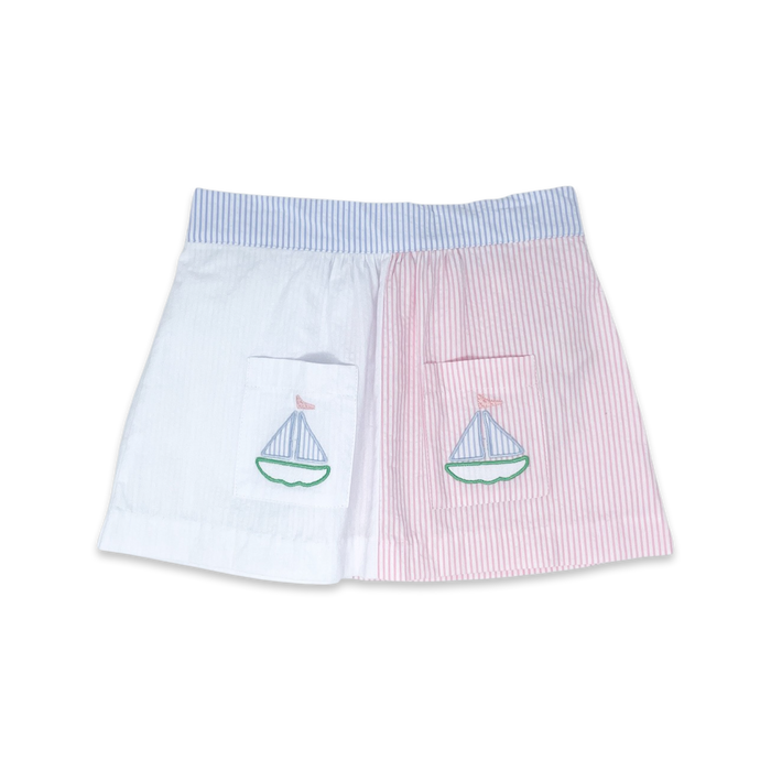 Stephanie Skirt - Party Pink, Boston Blue Seersucker Sailboat