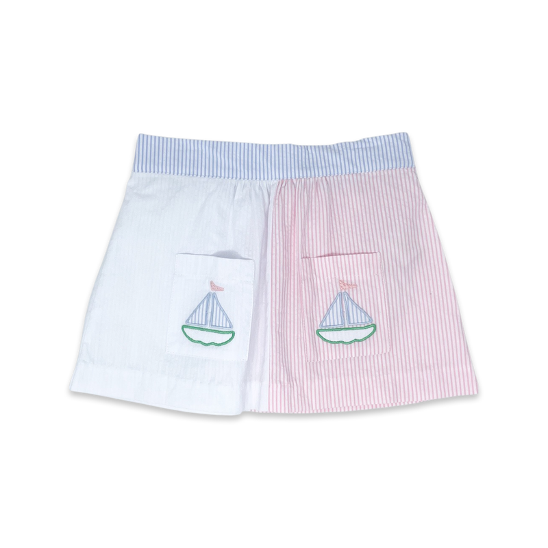 Stephanie Skirt - Party Pink, Boston Blue Seersucker Sailboat