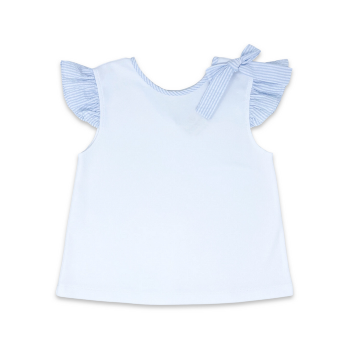 Angel Blouse - White, Summer Blue Seersucker, Bow