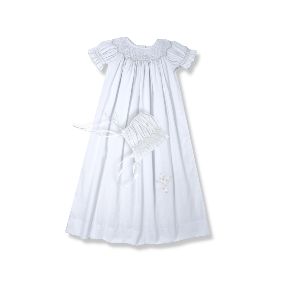 Rosebud Daygown with Bonnet - Blessings White, Cross