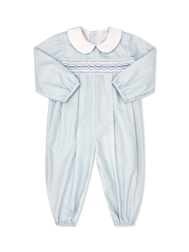 Christopher Romper Long Sleeve - Baby Blue Minigingham