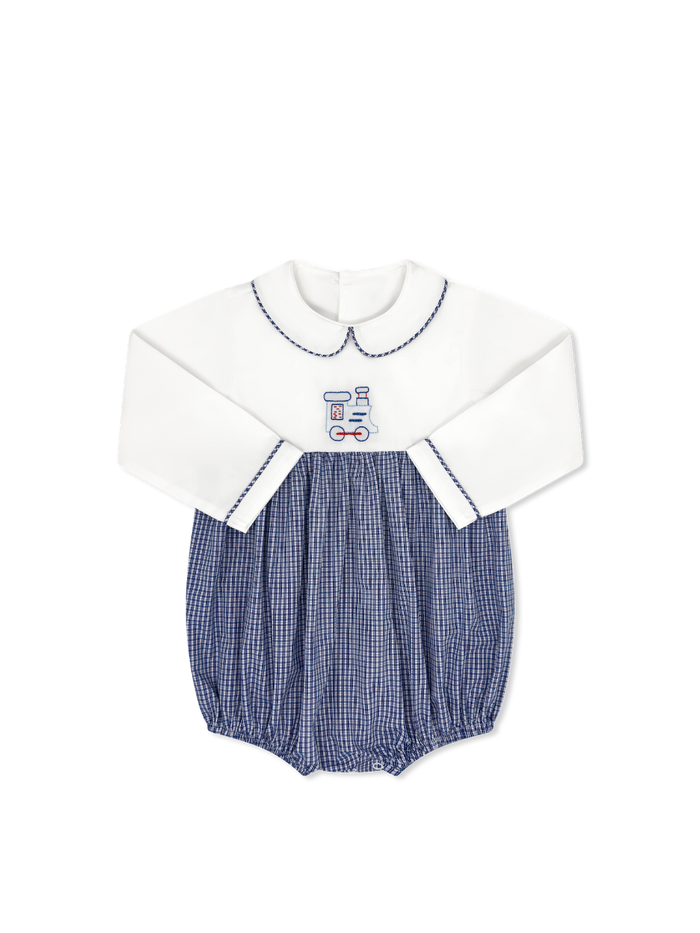 Baby Bea Bubble Long Sleeve - Nolan Navy Check, Train