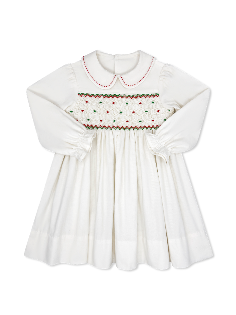 Clara Dress Long Sleeve - Dreamy White Corduroy, Red and Green Smocking