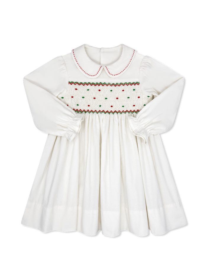 Clara Dress Long Sleeve - Dreamy White Corduroy, Red and Green Smocking