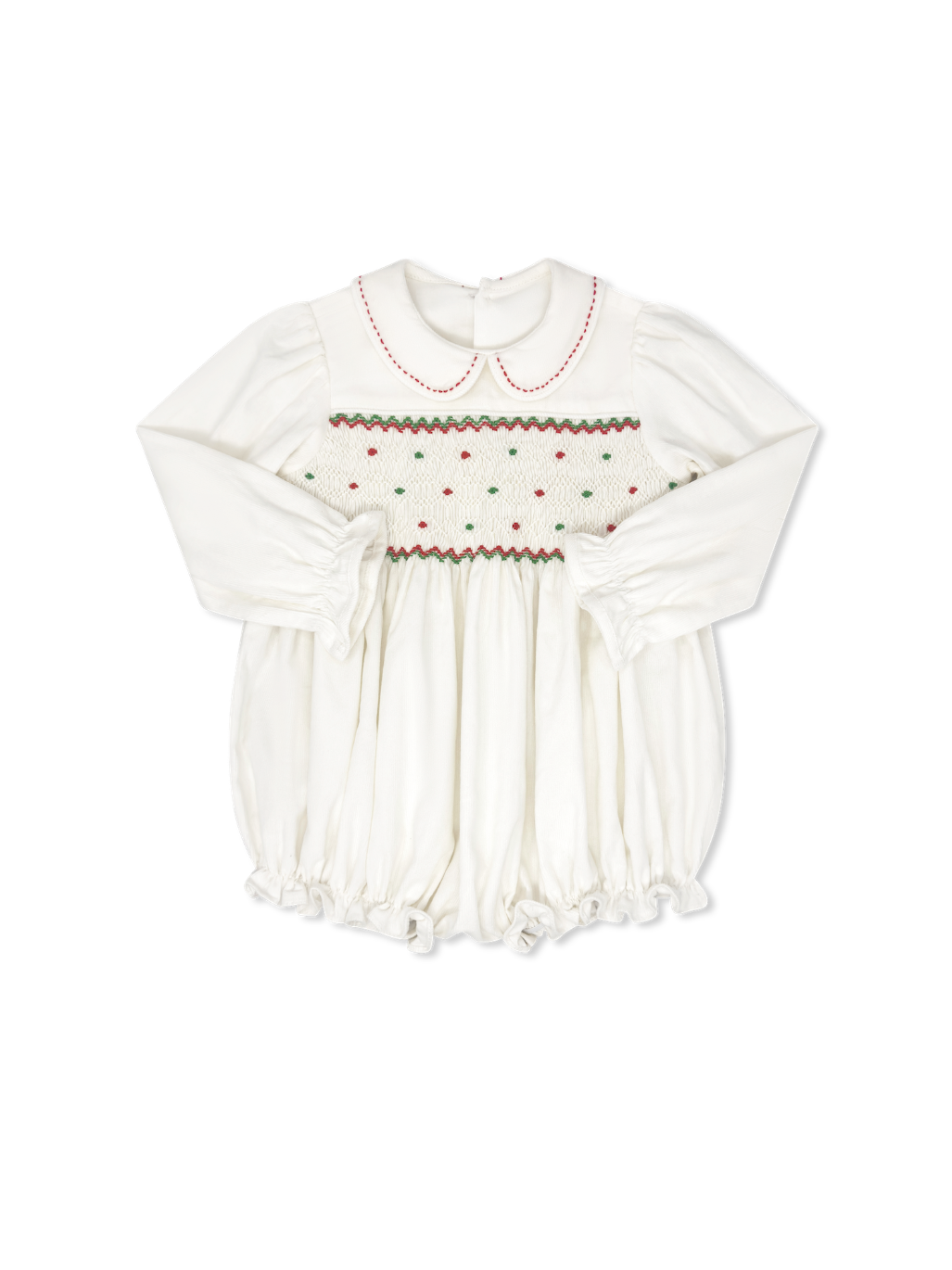 Clara Bubble Long Sleeve - Dreamy White Corduroy, Red and Green Smocking