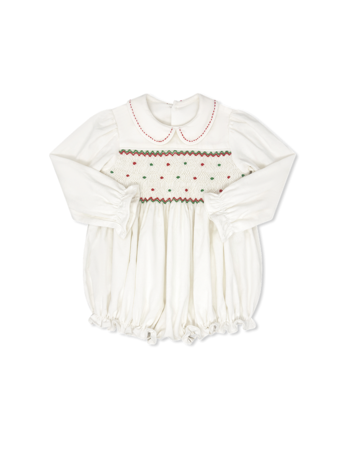 Clara Bubble Long Sleeve - Dreamy White Corduroy, Red and Green Smocking