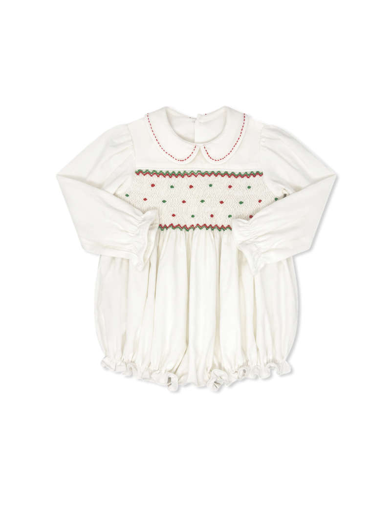 Clara Bubble Long Sleeve - Dreamy White Corduroy, Red and Green Smocking