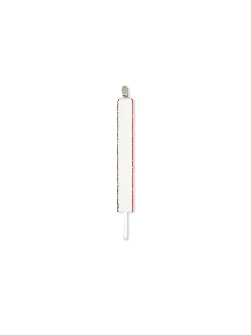 Legacy Pacifier Clip - Legacy White with Red Picot Trim