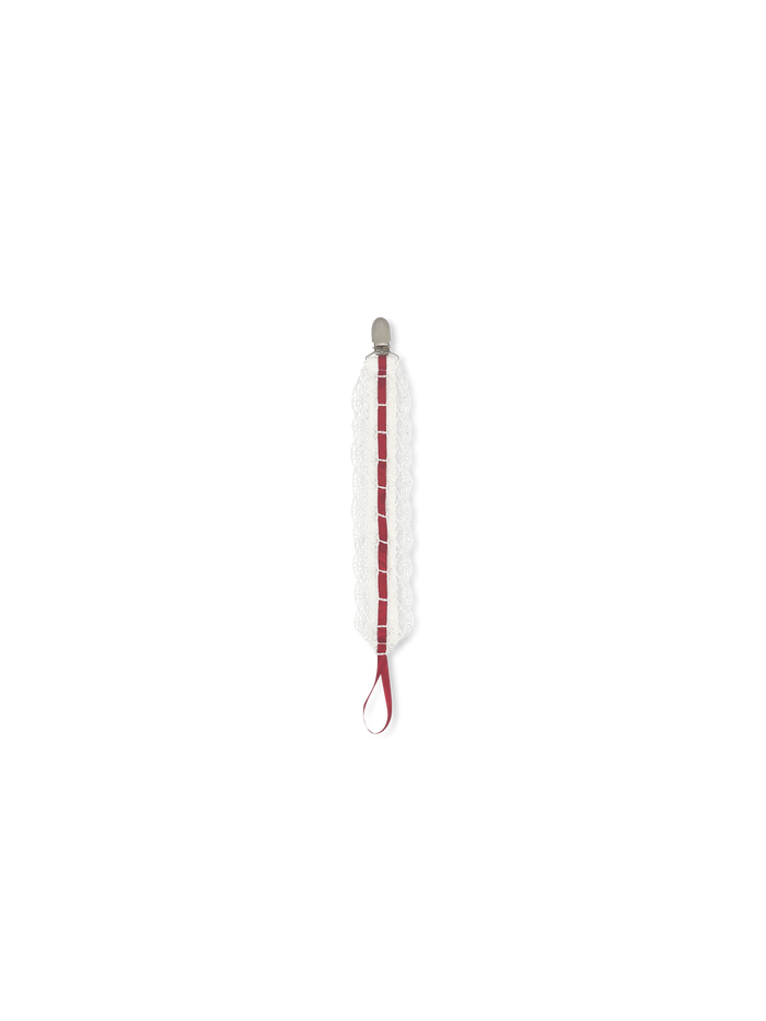 Legacy Pacifier Clip - Blessings White with Red Satin