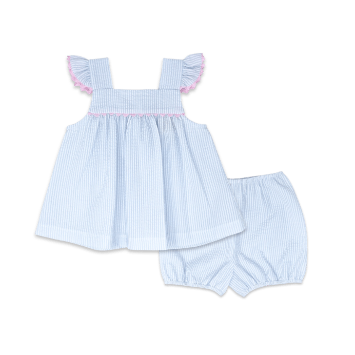 Sally Swing Set - Simply Blue Seersucker, Pink Ric Rac Trim - Classic Sets | Lullaby Set