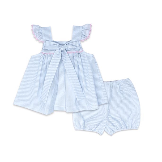 Sally Swing Set - Simply Blue Seersucker, Pink Ric Rac Trim - Classic Sets | Lullaby Set
