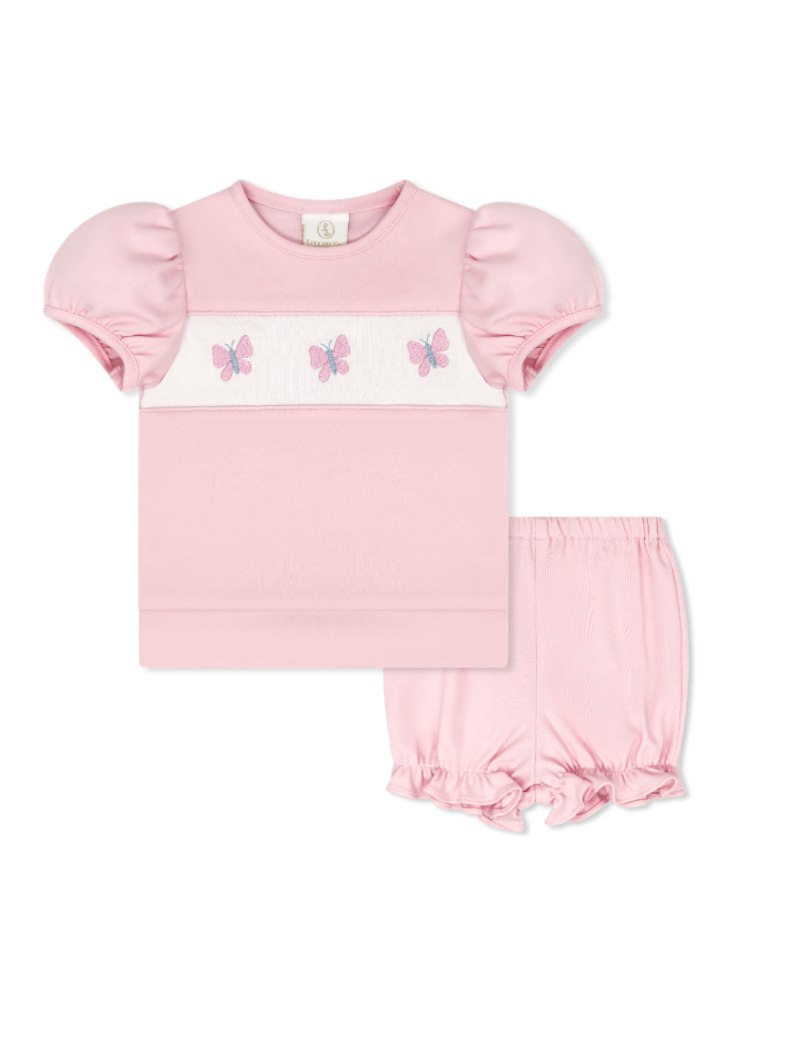Lagniappe Bloomer | Short Set - Petal Pink Knit, Butterflies - Classic Sets | Lullaby Set
