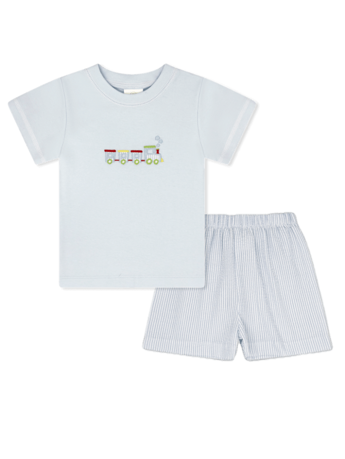 Preston Short Set - Train Embroidery, Simply Blue Seersucker - Classic Sets | Lullaby Set