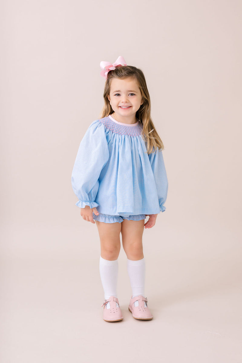 Betsy Bloomer Set Long Sleeve - Baker Blue Minigingham, Polite Pink
