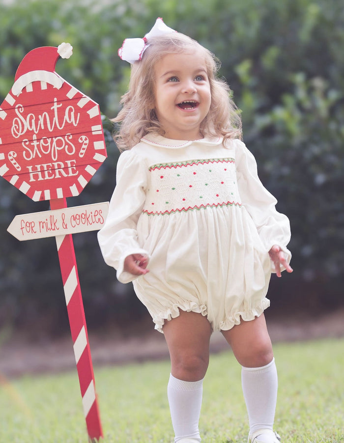 Clara Bubble Long Sleeve - Dreamy White Corduroy, Red and Green Smocking