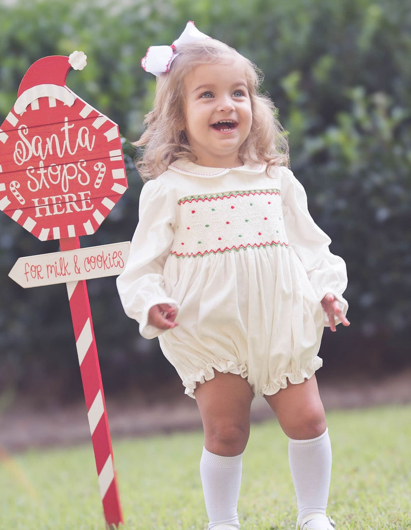 Clara Bubble Long Sleeve - Dreamy White Corduroy, Red and Green Smocking