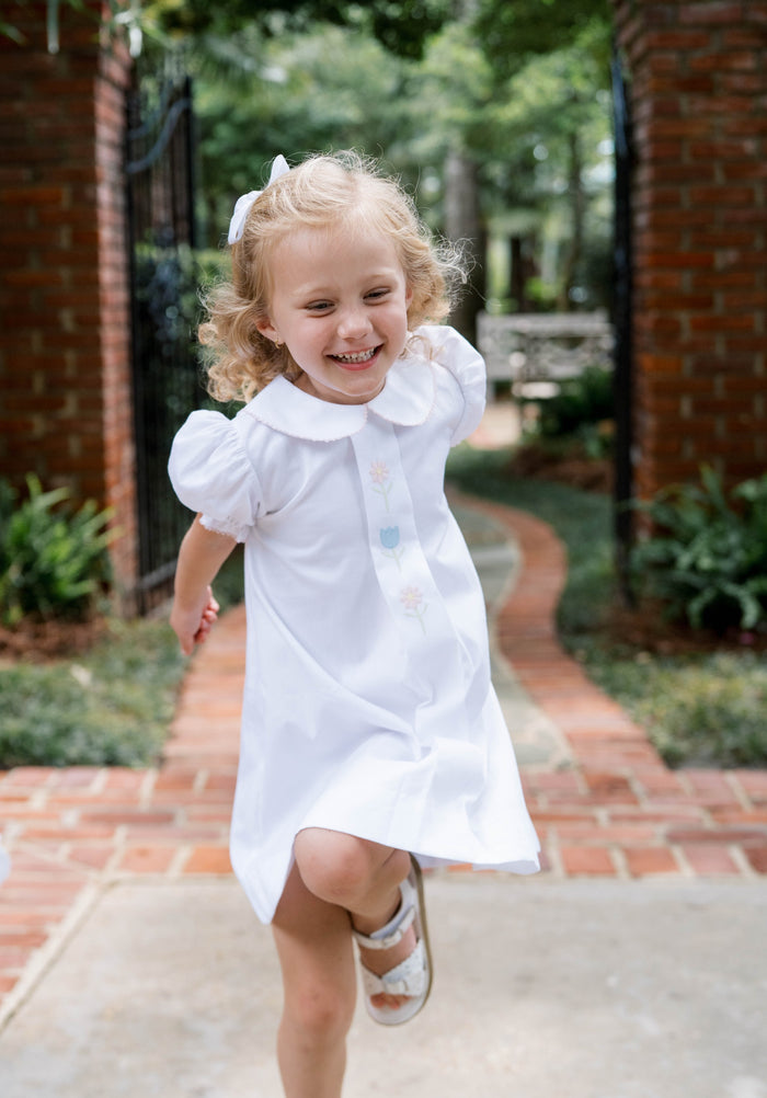 Bluebonnet Dress - Classic White, Flower Embroidery
