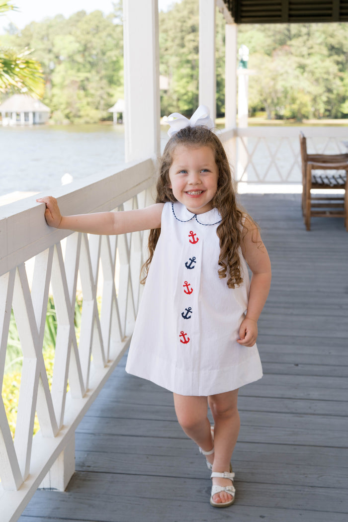 Bluebonnet Dress - Simply White Seersucker, Anchors