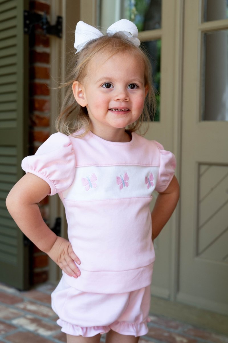 Lagniappe Bloomer | Short Set - Petal Pink Knit, Butterflies - Classic Sets | Lullaby Set