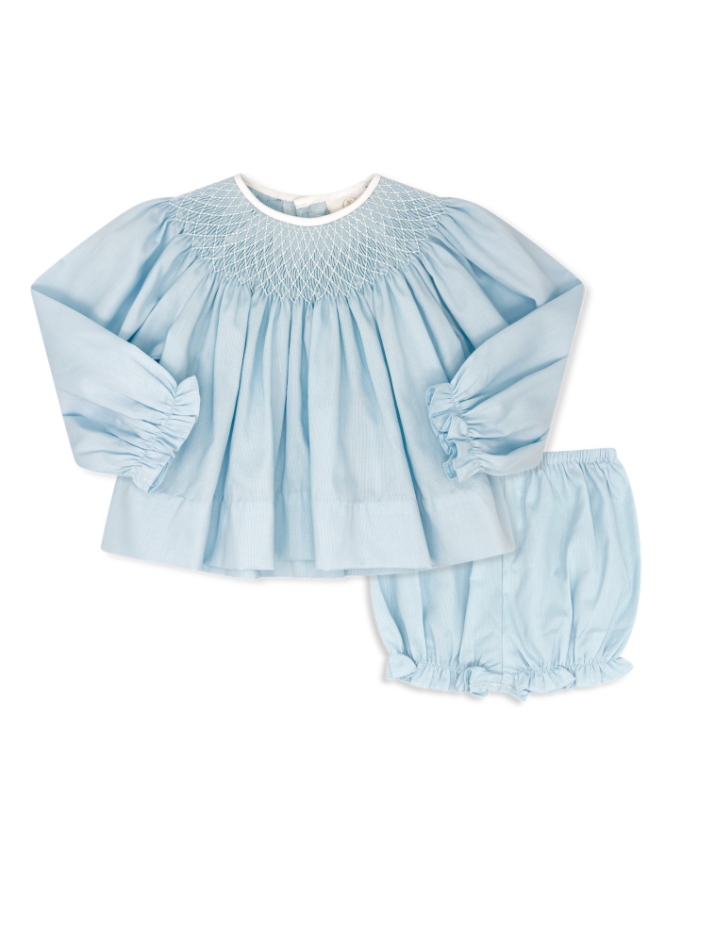 Betsy Bloomer Set Long Sleeve- Birmingham Blue Pique, Smocking