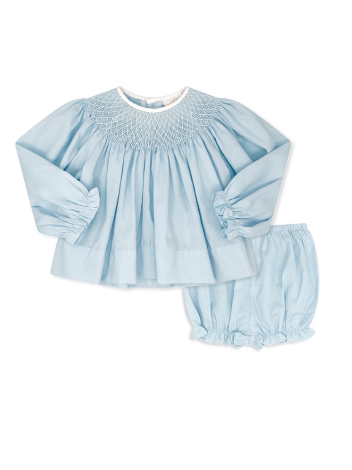 Betsy Bloomer Set Long Sleeve- Birmingham Blue Pique, Smocking - Classic Sets | Lullaby Set
